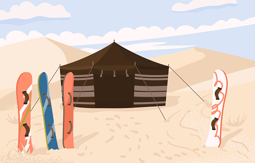 Sandboarding camp in the desert. Tent and boards for skiing on the dunes. Vector illustration. An active sport in hot countries.