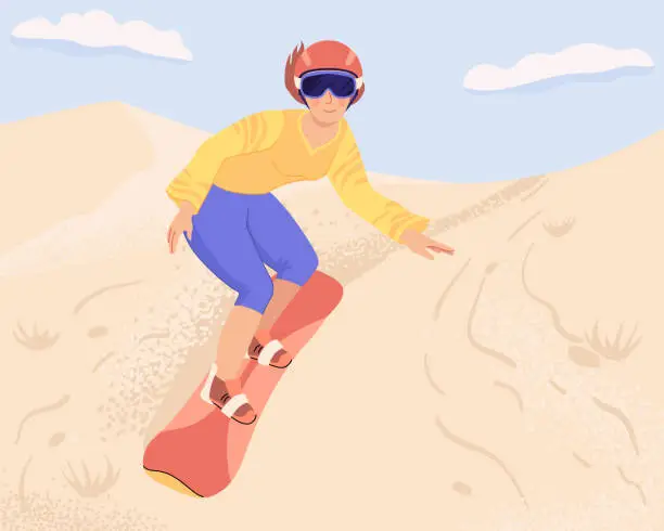 Vector illustration of A young woman slides through the dunes on a board. Vector. Sandboarding, an active sport in the desert.