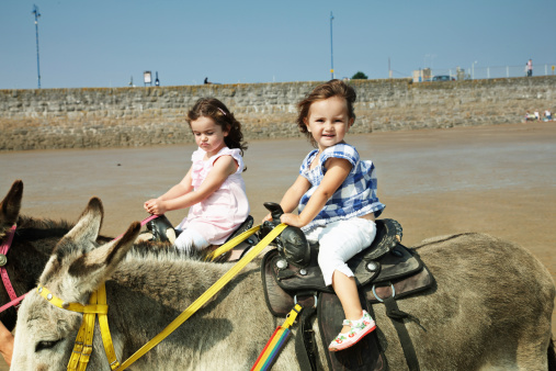 Two young girls riding donkeys on the beach
