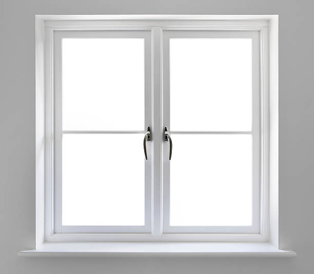 blanco doble ventanas con trazado de recorte - alféizar de la ventana fotografías e imágenes de stock