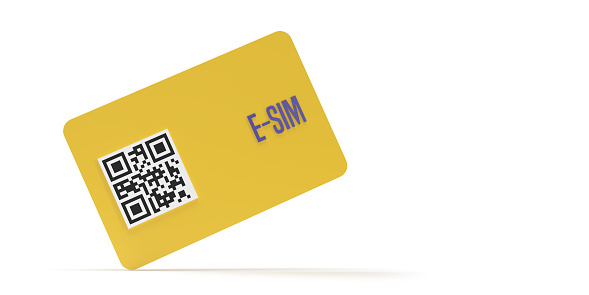 3D colored SIM-card concept: Mobile phone 4G / 5G wirless connection item isolated on white background with copy space and clipping path. Horizontal illustration design for banking, online service, data, protection, encryption poster, marketing, presentation.