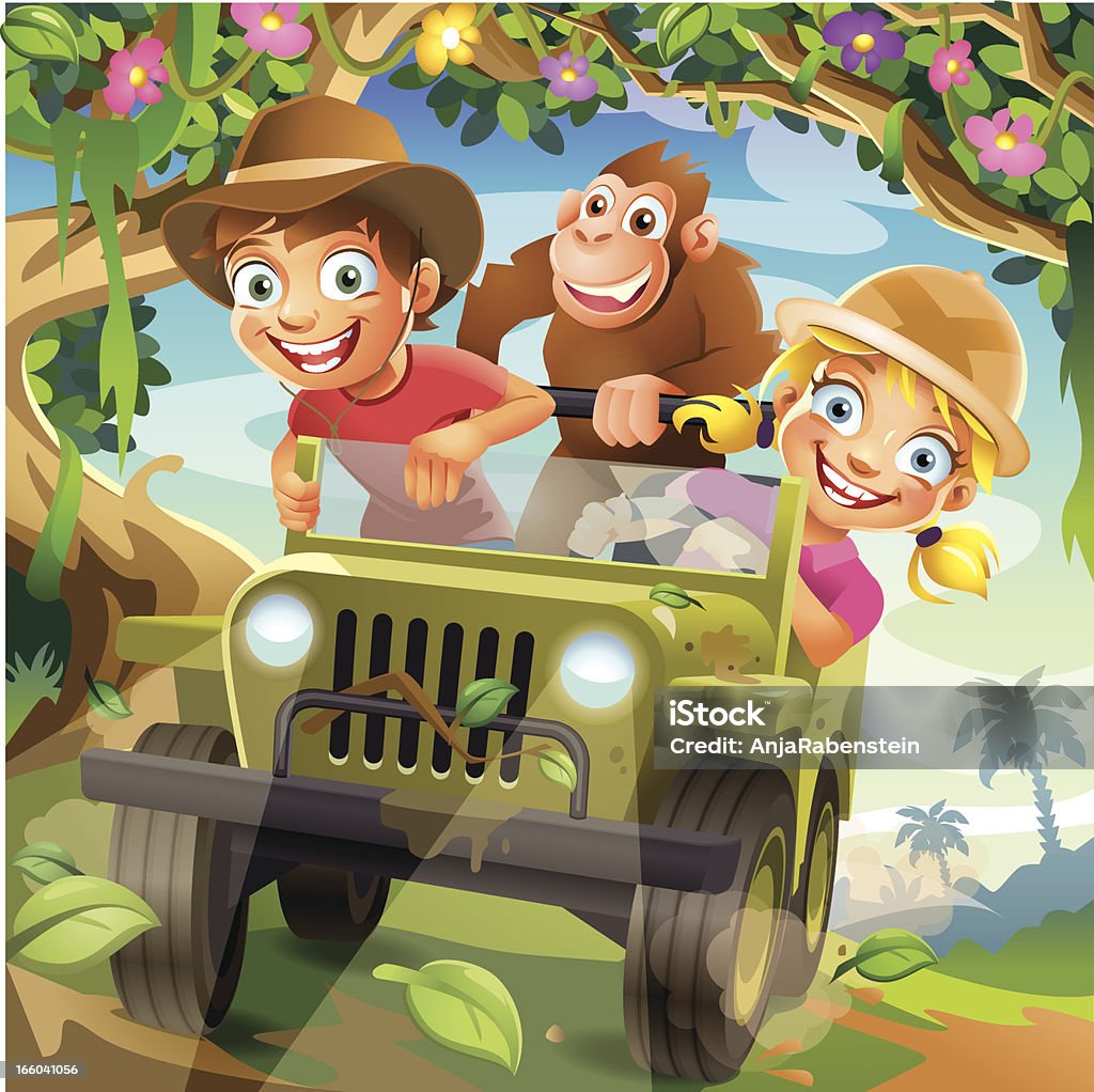 Enfants dessin animé drôle vecteur de conduite en voiture tout-terrain à travers la Jungle - clipart vectoriel de Voiture tout-terrain libre de droits