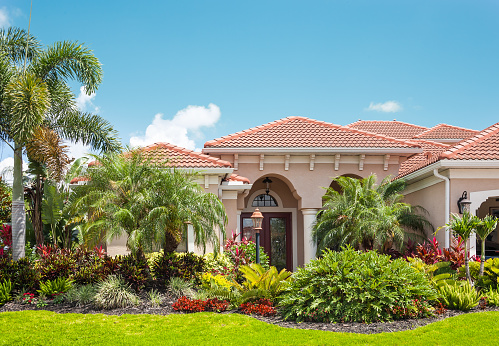 New luxury home with lush tropical foliage: palm trees, flowers, tropical plants and bushes. Tile roof. Clear blue sky. http://i1127.photobucket.com/albums/l632/ocanannain/lightbox-luxuryhomesexteriors.jpg