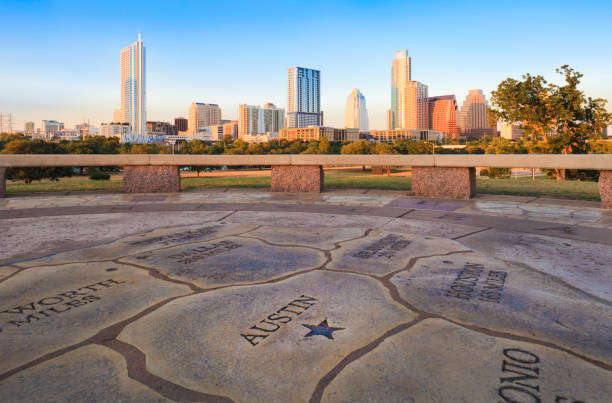 istock Map of Texas with Austin Skyline in background 166041524