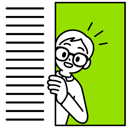 Minimalist Style Characters Designs Vector Art Illustration.
A studious boy with Horn-rimmed glasses, looking out of a window at the viewer, popping out from a blank banner, behind a wall, minimalist style, black and white outline.