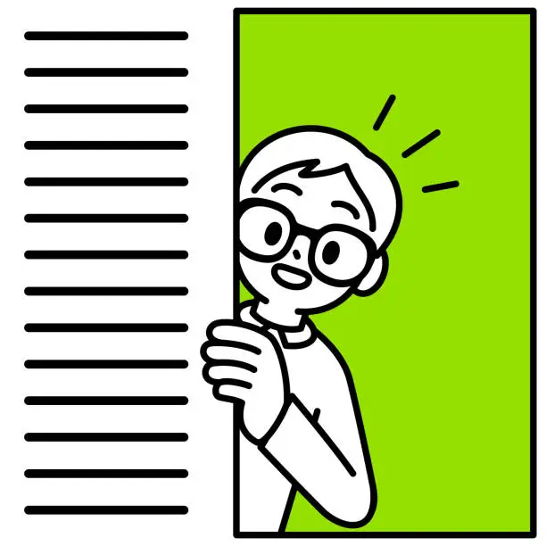 Vector illustration of A studious boy with Horn-rimmed glasses, looking out of a window at the viewer, popping out from a blank banner, behind a wall, minimalist style, black and white outline