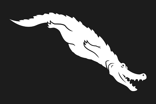 Stylized silhouette of alligator or croco swimming in a good mood - cut out vector illustration icon