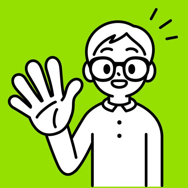Vector illustration of A studious boy with Horn-rimmed glasses, gesturing for the number five, looking at the viewer, minimalist style, black and white outline