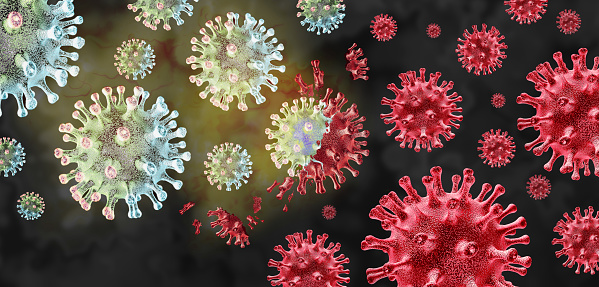 Pirola Covid Variant mutating virus variants and cell mutation as a health risk concept and new coronavirus outbreak or covid-19 viral cells mutations and influenza background as a 3D render.