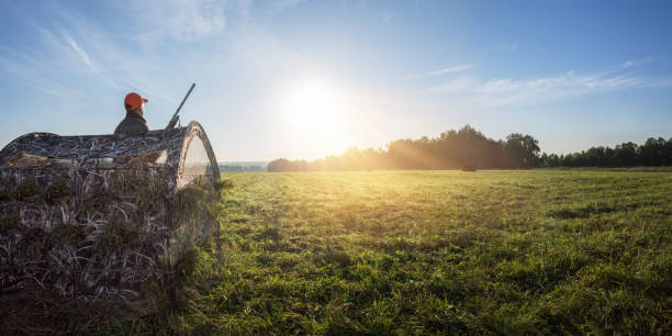 jäger mit gewehr bereitet sich bei sonnenaufgang auf die vogeljagd vor. banner mit kopierraum. - hunting blind stock-fotos und bilder