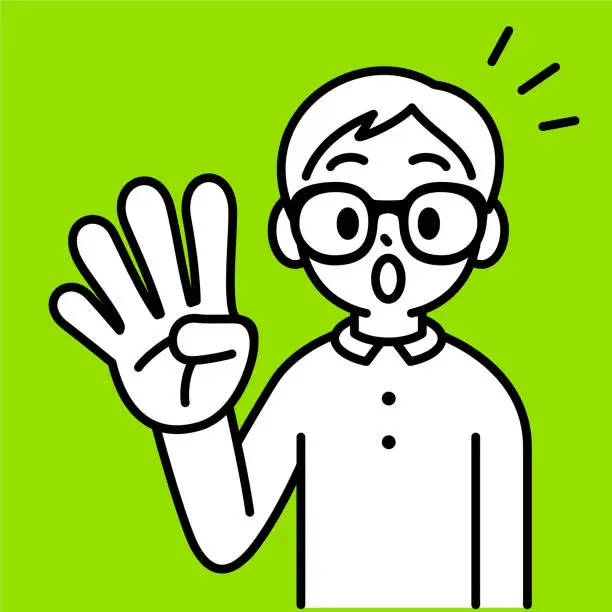 Vector illustration of A studious boy with Horn-rimmed glasses, gesturing for the number four, looking at the viewer, minimalist style, black and white outline