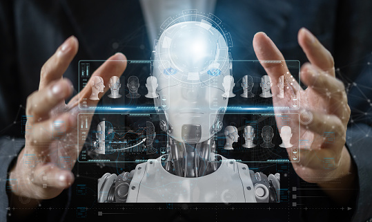 Human holding robot, Concept of Artificial intelligence, AI robot, brain, idea, development, think, futuristic technology transformation, science, robotic, machine learning technology development