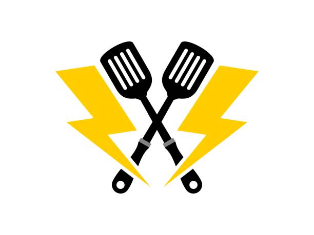 ilustrações de stock, clip art, desenhos animados e ícones de cross spatula with lightning bolt - flash menu illustrations