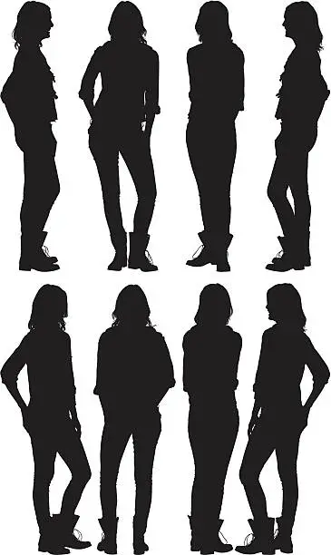 Vector illustration of Multiple silhouettes of a woman with hands in pockets