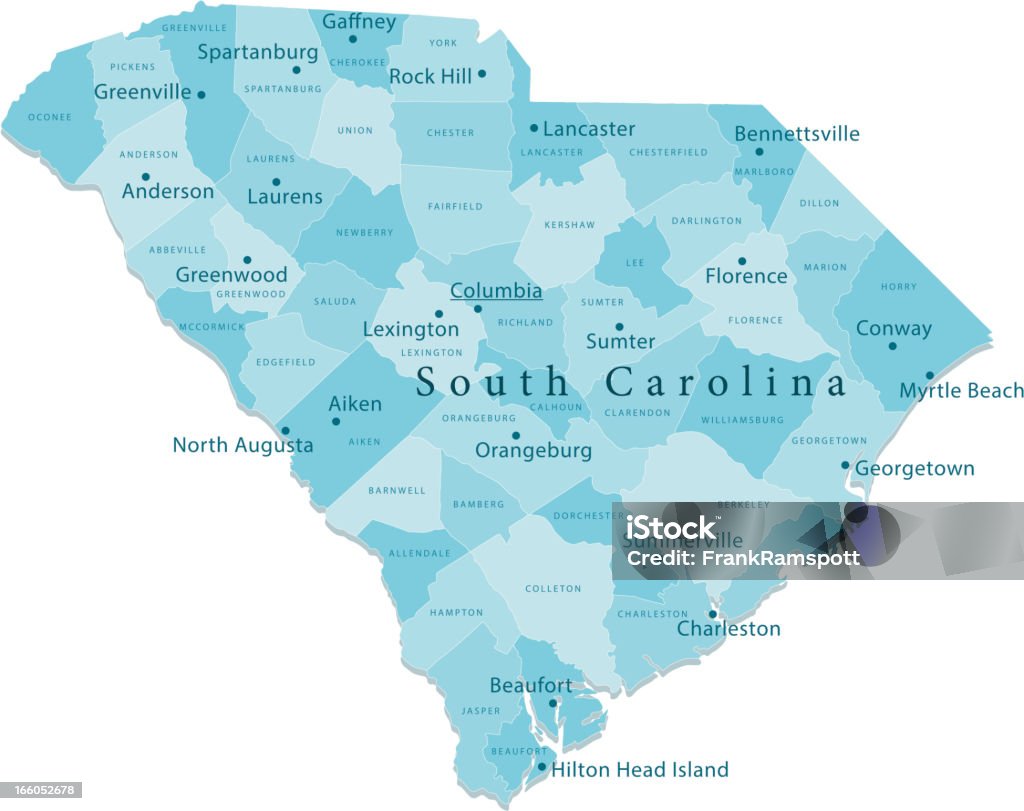 South Carolina Vector Map Regions Isolated "Detailed vector map of South Carolina with administrative divisions. File was created on February 15, 2013. The colors in the .eps-file are ready for print (CMYK). Included files: EPS (v8) and Hi-Res JPG (5600aa aaa 4567 px)." South Carolina stock vector