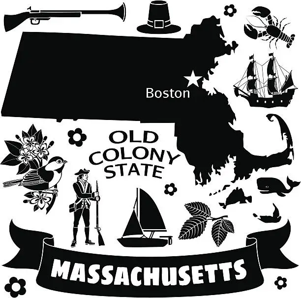 Vector illustration of A black and white flyer with many Massachusetts icons