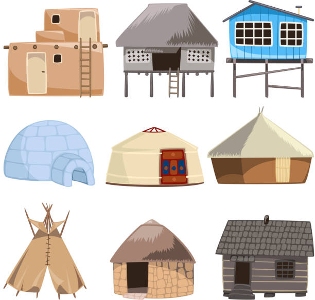 Traditional building house igloo hut cabinet cabin tent bungalow Set of traditional housed. With House, Igloo, Hut, Shack, Slum, Cabinet, Cottage, Cabin, Beach Hut, Gazebo, Tent, stone house, Beach House, Straw, Bungalow, Teepee vector illustration. teepee a house stock illustrations