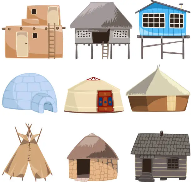 Vector illustration of Traditional building house igloo hut cabinet cabin tent bungalow