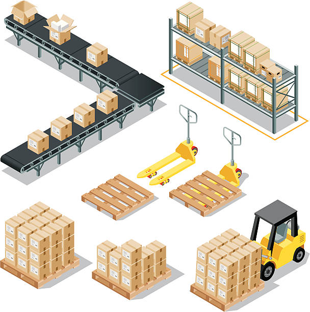 isometric logistic delivery - fabrika illüstrasyonlar stock illustrations