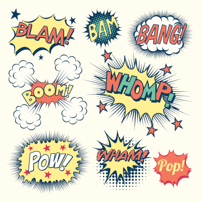 Collection of vintage comic book speech bubbles and sound effects.  Each object is grouped individually and colors are global swatches.