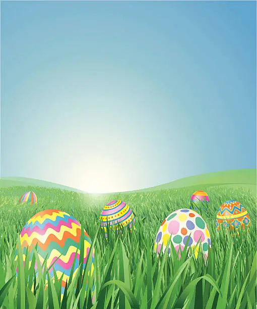 Vector illustration of Grass Field with Easter Eggs