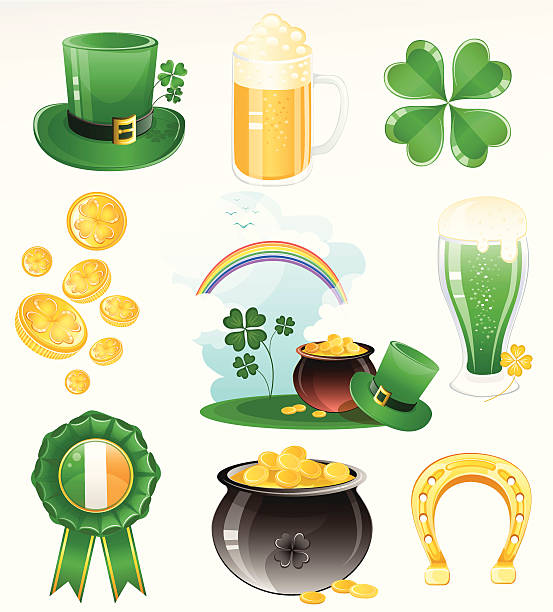 святого патрика день значок набор - luck st patricks day horseshoe rainbow stock illustrations