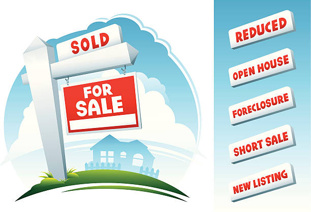 illustrazioni stock, clip art, cartoni animati e icone di tendenza di casa immobiliare segno e casa - real estate sign model home house for sale