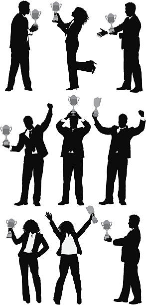 Silhouette of business people with a trophy Silhouette of business people with a trophyhttp://www.twodozendesign.info/i/1.png standing on one leg not exercising stock illustrations