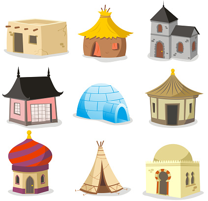 Set of traditional houses. With House, Igloo, Hut, Shack, Slum, Cabinet, Cottage, Cabin, Beach Hut, Gazebo, Tent, Indian Hut, Inuit, Beach House, Straw, Bungalow, Teepee vector illustration. 