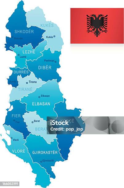 Vetores de Mapa Da Albâniamembros Cidades E A Bandeira e mais imagens de Albânia - Albânia, Azul, Bandeira