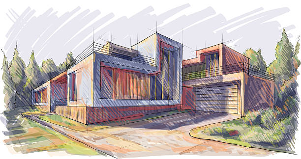 architecture Vector illustration of the architectural design. In the style of drawing. (ai 10 eps with transparency effect) house outside drawings stock illustrations