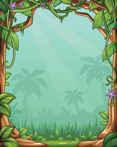ベクトル漫画のジャングルの背景につるとヤシの木 ベクターアートイラスト