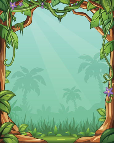 Vector Cartoon Jungle Background With Vines and Palm Trees