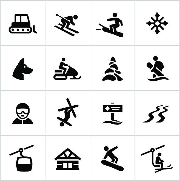 schwarze ski resort und symbole - skiing ski winter sport freestyle skiing stock-grafiken, -clipart, -cartoons und -symbole