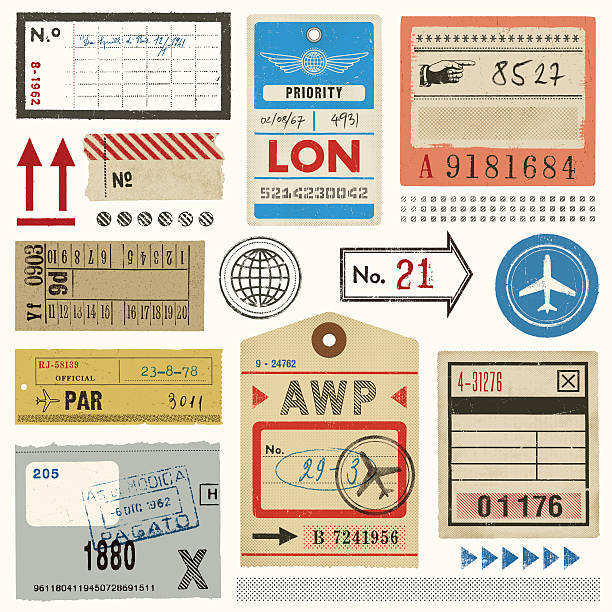 ilustraciones, imágenes clip art, dibujos animados e iconos de stock de etiquetas de equipaje, los billetes y sellos - travel bag old fashioned dirty
