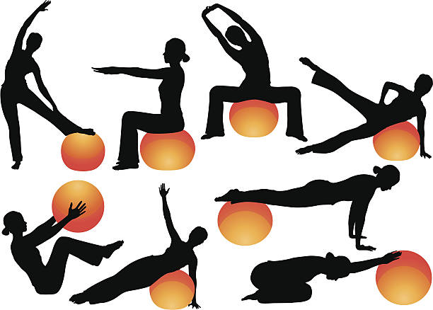ilustraciones, imágenes clip art, dibujos animados e iconos de stock de pelota de ejercicio ejercicios - stretching exercising gym silhouette