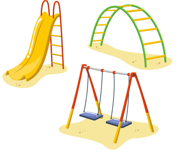 ilustrações de stock, clip art, desenhos animados e ícones de equipamento de parque infantil para crianças brincando estações - vector sand summer smiling