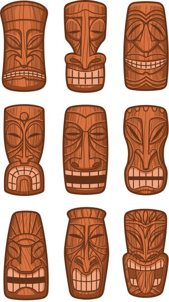 illustrazioni stock, clip art, cartoni animati e icone di tendenza di hawaiian tiki dio statua in legno intagliate polinesiano fiaccole tiki ku - tiki