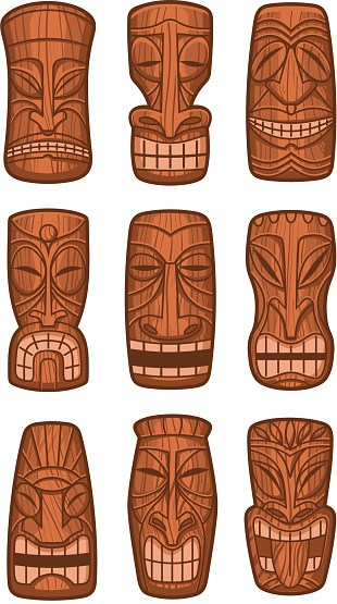 Hawaiian tiki god statue carved polynesian tikki ku lono wood vector illustration.