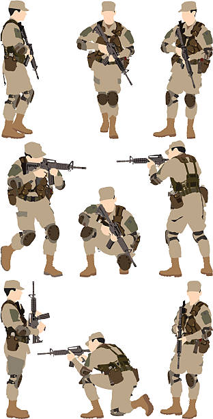 ilustraciones, imágenes clip art, dibujos animados e iconos de stock de ejército hombre con un arma - crouching silhouette men people