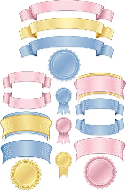 Vector illustration of Shiny Pink, Blue, Gold Stickers, Tags, Labels, and Ribbons Set