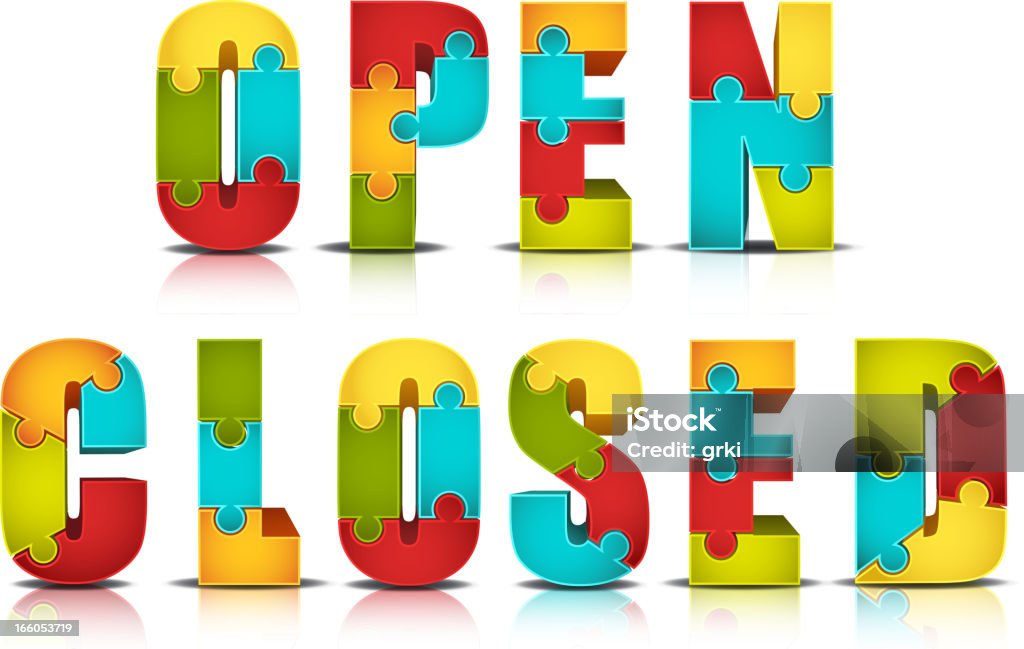 Colorful puzzle Vector illustration of "Open and Closed" words made by puzzle. EPS10. Opacity and transparency used. Blue stock vector