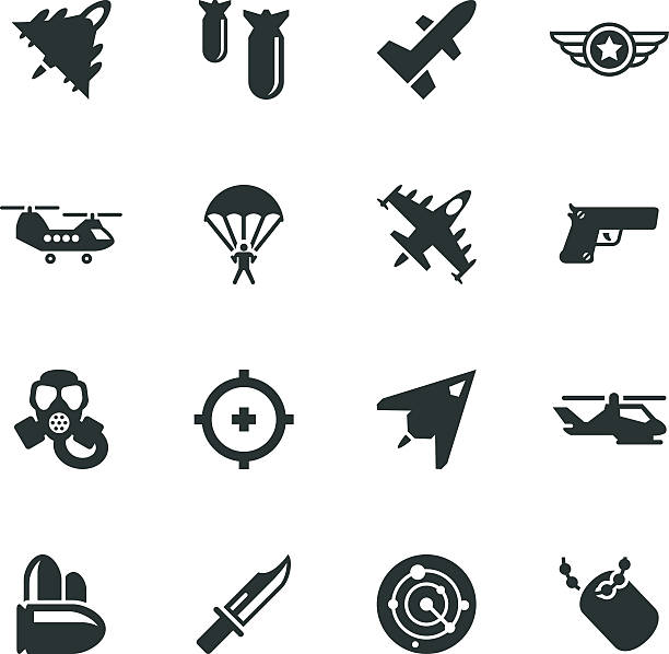 ilustraciones, imágenes clip art, dibujos animados e iconos de stock de silueta de iconos de la fuerza aérea - military reconnaissance airplane