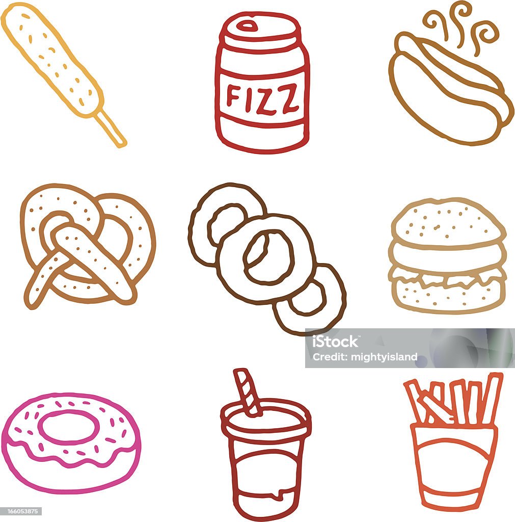 doodle set di icona cibo spazzatura - arte vettoriale royalty-free di Hot dog al mais