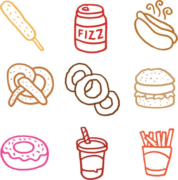 Vector illustration of Junk food doodle icon set