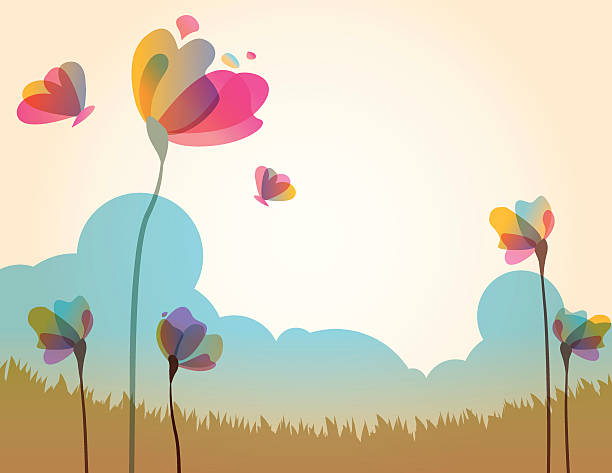 illustrations, cliparts, dessins animés et icônes de illustration de printemps champ d'herbe avec fleurs de - spring grass cloud butterfly