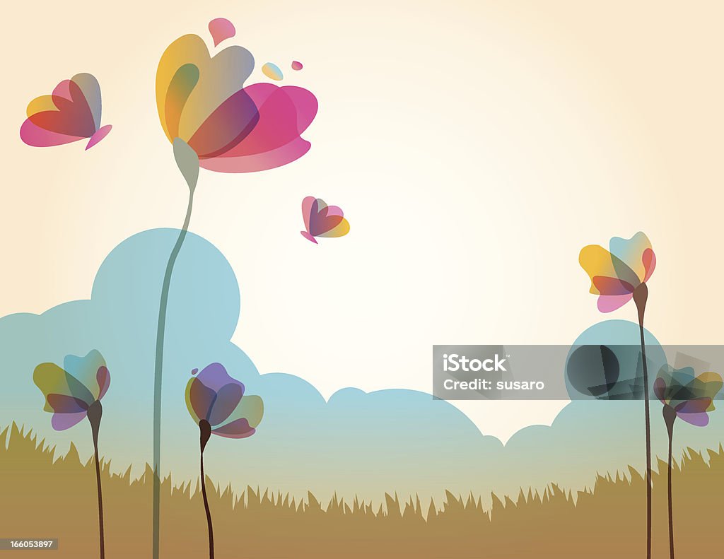 Ilustracja przedstawiająca wiosną pola trawy i kwiaty - Grafika wektorowa royalty-free (Kwiat - Roślina)
