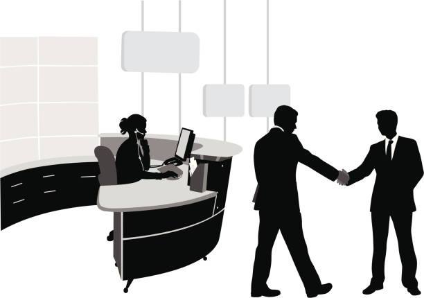 ilustraciones, imágenes clip art, dibujos animados e iconos de stock de welcometothefirm - receptionist office silhouette business