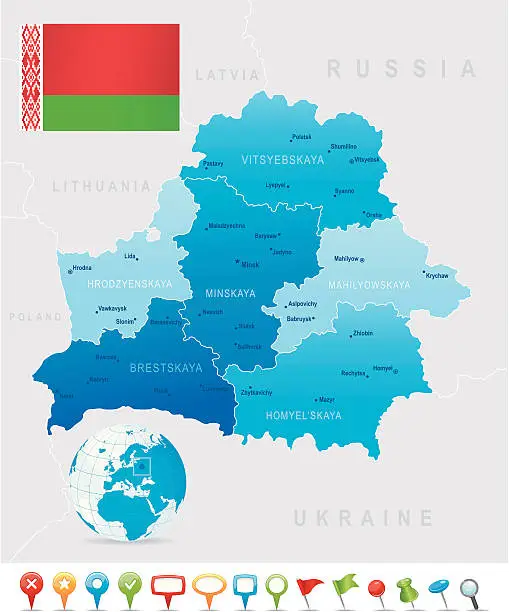 Vector illustration of Map of Belarus - states, cities, flag and icons