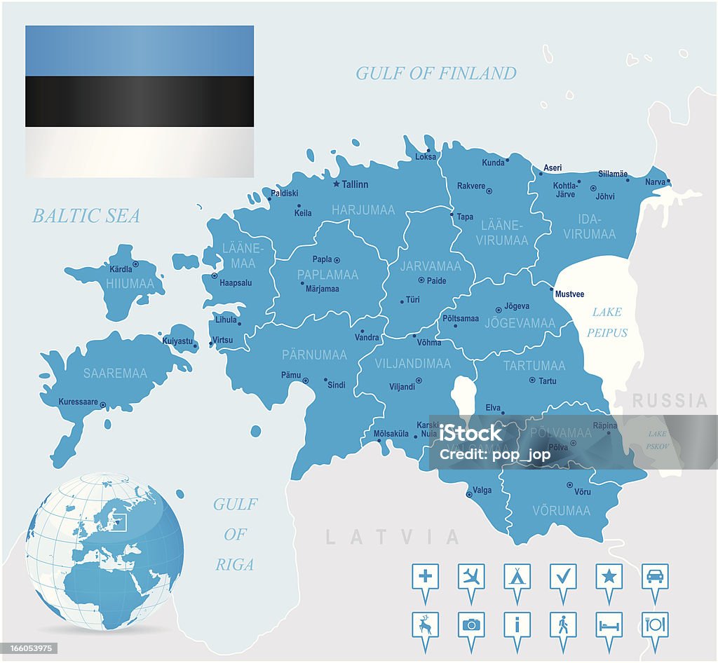 Karte von Estland-Staaten, Städte, Flagge, navigation Symbole - Lizenzfrei Estland Vektorgrafik